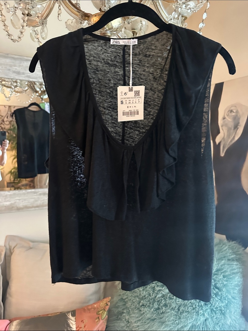 Zara Black Ruffle V-Neck Sleeveless Camisole